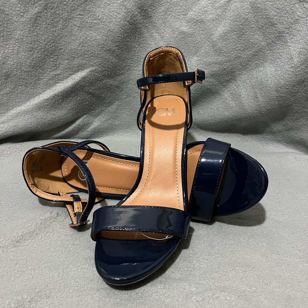 Womens Patent Leather, Navy Blue Open Toe Heels